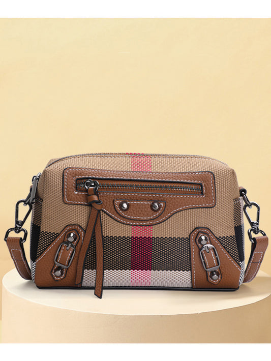 14-Plaid canvas genuine leather bag